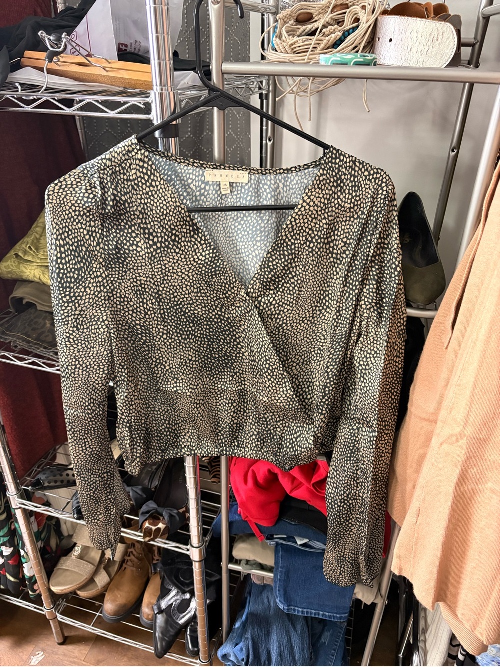 Promesa Satin Feel Black and Cream Speckled Faux Wrap-Style Blouse